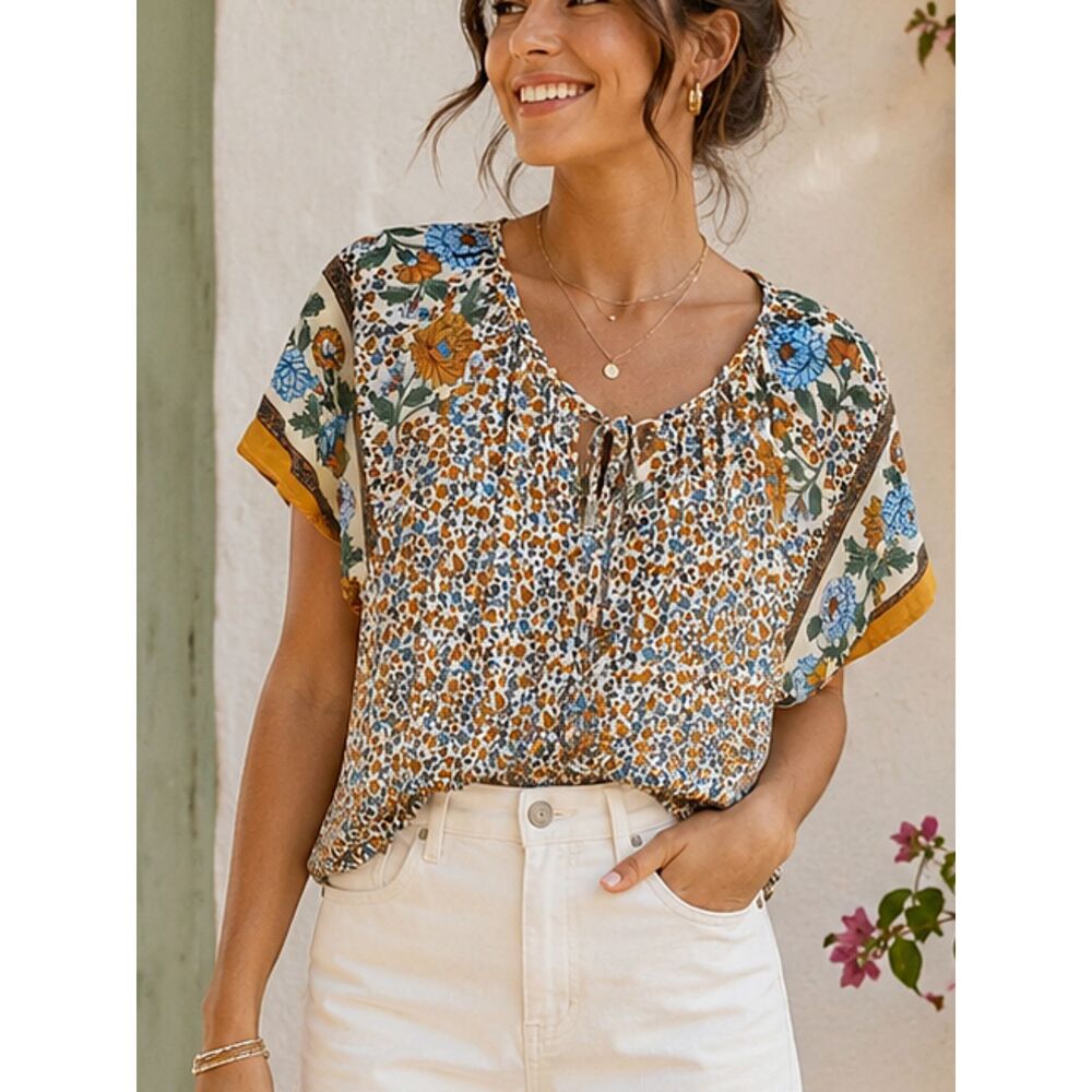 Hapsho Boho Floral Peasant Blouse Sz 12 Blue Mustard Tie Neck Cottagecore Top